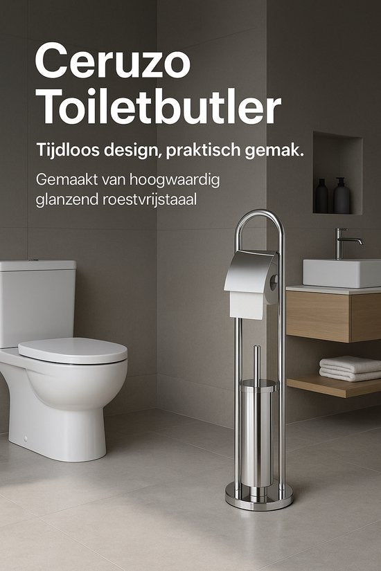 Ceruzo Toiletbutler Vrijstaand – RVS – Glanzend-80 cm – WCRolhouder + Borstel – Luxe Badkameraccessoire