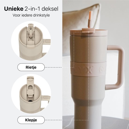 ONYX Drinkfles met Rietje 1 Liter - Waterfles voor Kinderen & Volwassenen - Thermosbeker RVS Travel Mug - Motiverende Drinkbus - Drinkbeker voor School - Sand Beige