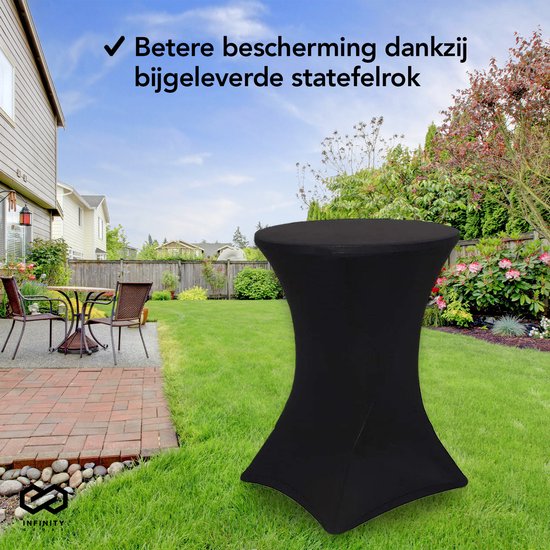 Infinity Goods 2x Stevige Zwarte Statafel + 2x Zwarte Statafelrok - Partytafel - Robuust en Weersbestendig - Inklapbaar - 80cm x 110cm - Feest