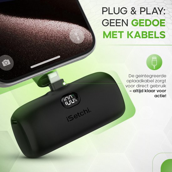 iSetchi Mini Powerbank 5000 mah - Compact formaat - Externe Batterij - Geïntegreerde Kabel - Noodpakket - Lightning Kabel - LED-Display - Geschikt voor iPhone - Zwart