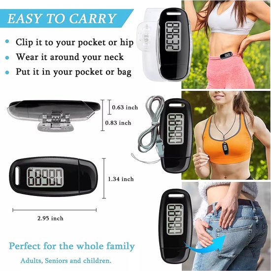 Garpex® Stappenteller met Clip en Draagkoord - USB Opladen - Activity Tracker - Pedometer - Groot Scherm - Broekzak - Zwart