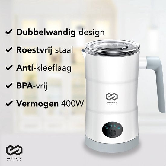Infinity Goods 4-in-1 Elektrische Melkopschuimer - 350 ml - Opschuimen en verwarmen - Cappuccino - Vaatwasserbestendig - Wit
