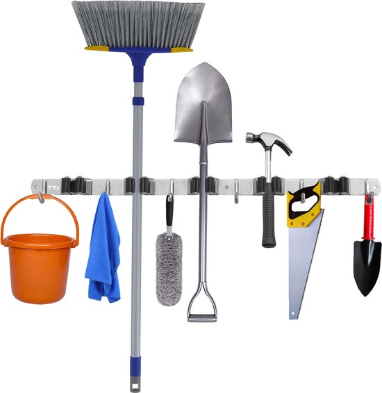 TTD® Luxe XXL Bezemhouder – Zelfklevend – 5 Ophanghaken & 6 Gereedschapsklemmen – Tuingereedschap – RVS