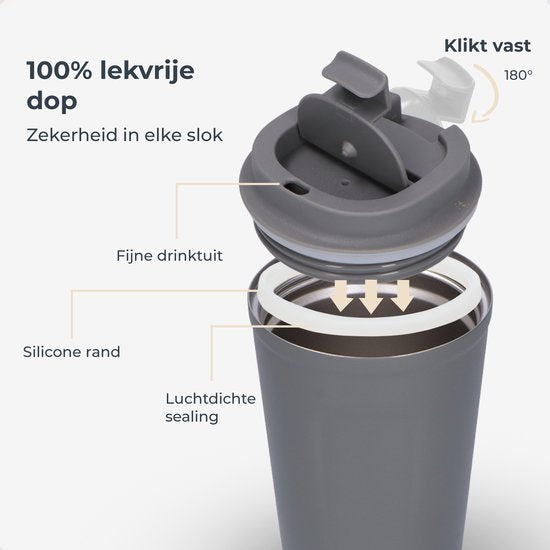 Castagnola Thermosbeker - Koffiebeker To Go - Travel Mug voor Koffie en Thee - Theebeker - 380 ML - RVS - Grijs