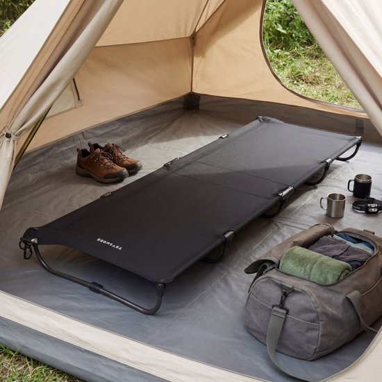 TRVLMORE Veldbed Opvouwbaar - 120KG Draagvermogen - Campingbed Incl. draagtas - Stretcher 1 Persoons - Stalen Frame - 193x66x15 cm - Zwart