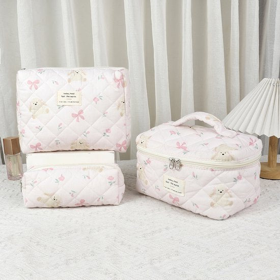 SC Travel Essentials - 3-delige Make-up Tas Set - Eco-vriendelijk Katoen - Gewatteerde Gebloemde Organizers - Ruim, Duurzaam en Ideaal voor Reizen