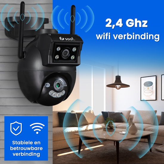 Beveiligingscamera Buiten - 2 Stuks - Wifi en 256GB - Buiten Camera met Nachtzicht - Dubbele Lens - Zwart - van Saaf