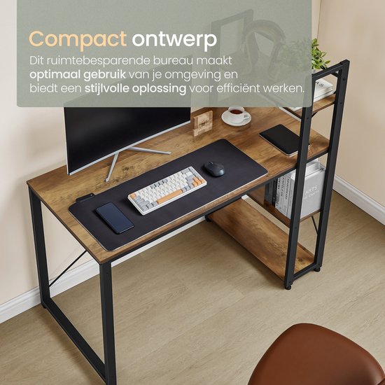 O'DADDY® Bureau met Verstelbare Voeten - Bureautafel - Computertafel - Game Bureau - Gaming Desk Klein - Bureaublad Meubel - 120 x 60 cm - Boekenrek - Computerbureau - Bruin