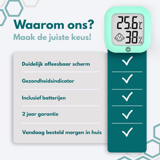 Ease Electronicz Hygrometer - Weerstation - Luchtvochtigheidsmeter - Thermometer Voor Binnen - Incl. Batterij en Plakstrip