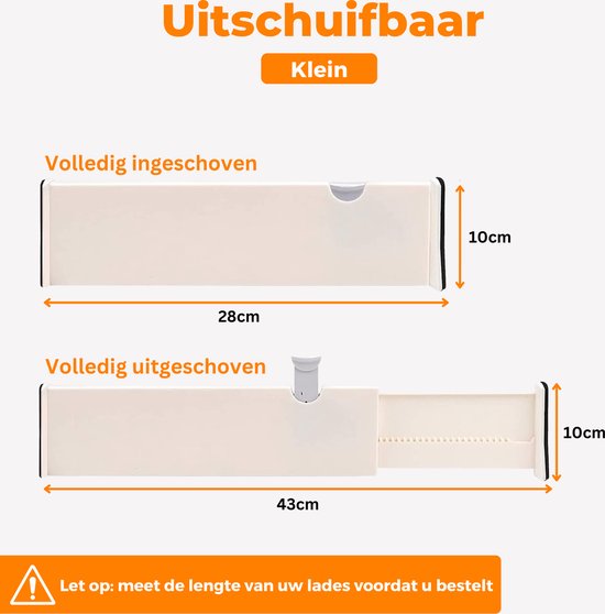 Posity Ladeverdeler - Verstelbaar & Uitschuifbaar - 4 Stuks - Lade Organizer - 28-43,5 cm - Voor Keuken, Slaapkamer & Kleding - Kunststof - Wit