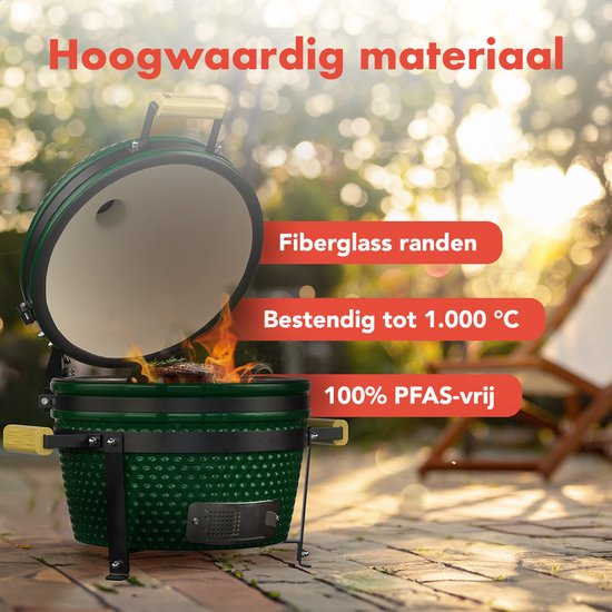 KitchenBrothers Kamado BBQ - 16 Inch Houtskool Barbecue - 34⌀ cm - PFAS-vrij - Deluxe Set - Egg BBQ met Accessoires - Vaderdag Cadeau - Groen