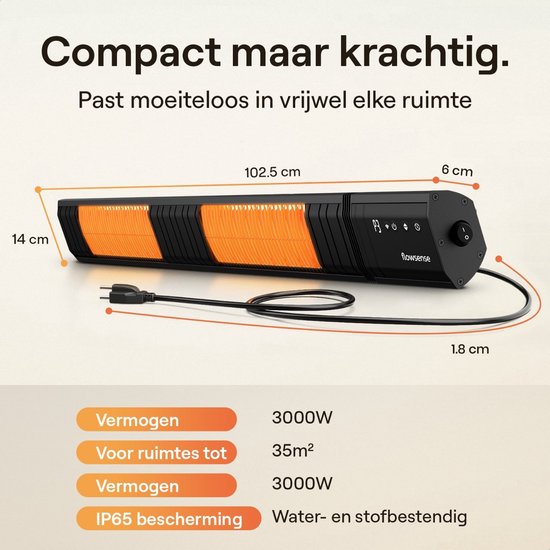 Flowsense Heater - Terrasverwarmers 3000W - Elektrisch Hangend - Infrarood Verwarming - Voor 35m2 ruimtes - Binnen & Buiten - Incl. Afstandsbediening