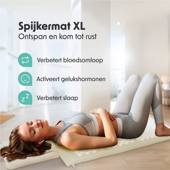 LifeGoods Acupressuur Mat XL - met Kussen - Shakti mat - Spijkermat Incl. 2x Triggerpoint Bal - 128x48x2cm - Beige/Wit