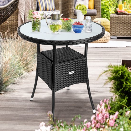 Casaria Polyrattan Bijzettafel 60cm Rond - 5mm Veiligheidsglas \\u2013 Zwart