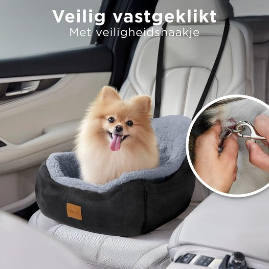 CozySense® Honden Autostoel - Hondenmand Auto met Veiligheidsriem & Opbergvak - Voor Kleine Hond - Voorbank of Achterbank - Zwart/Grijs