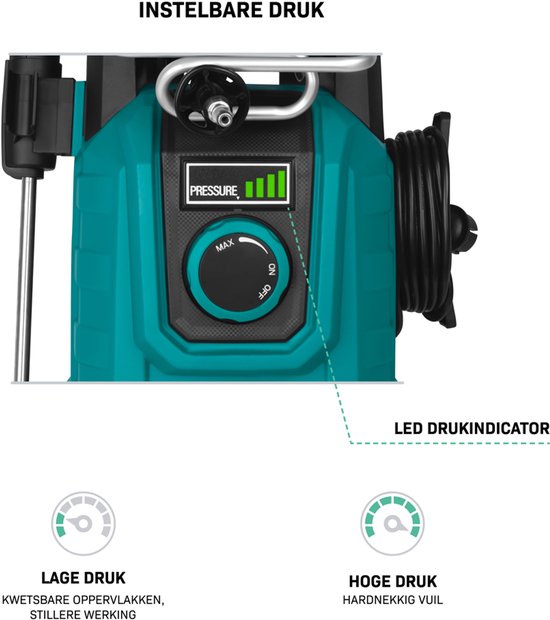 VONROC Hogedrukreiniger V24-3 - 2400W – 180 bar – drukregelaar - Incl. terrasreiniger, schuimsproeier en accessoires