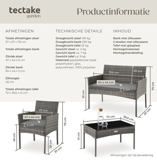 tectake® - Wicker tuinset Palese - Zitgroep voor 4 personen - Tuinmeubelset met loungebank, tuintafel en 2 tuinstoelen inclusief zitkussens - Tuinmeubelen - Waterafstotend - Grijs