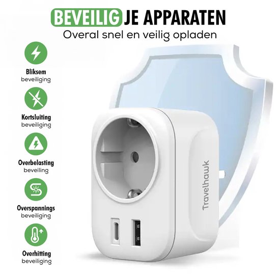 Travelhawk Reisstekker Engeland/UK - Wereldstekker - Wereldstekkers - Reisstekker Type G - USB-C & USB-A - Wit