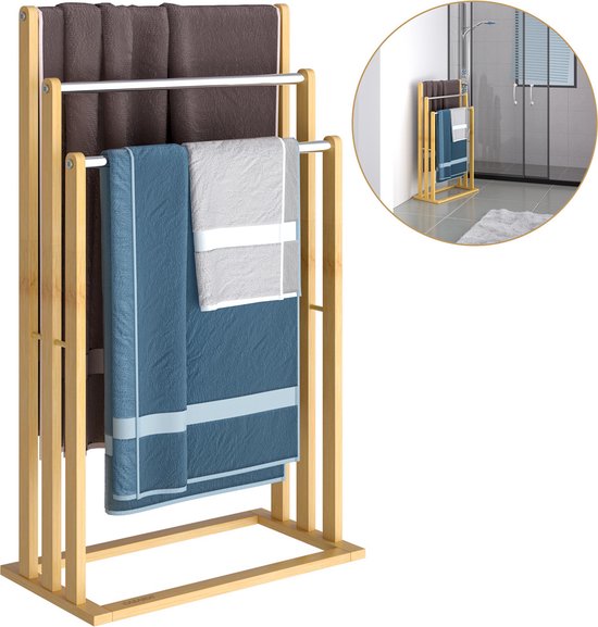 Casaria Handdoekhouder - staand - 3 stangen - bamboe - RVS, 46x24x84cm, bruin