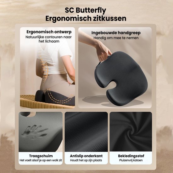 ProtoArc® SC Butterfly Zitkussen – Ergonomisch Orthopedisch Zitkussen – Stoelkussen & Stuitkussen – Memory Foam Wigkussen – Voor Bureaustoel, Auto & Thuis – Ademend & Anti-Slip