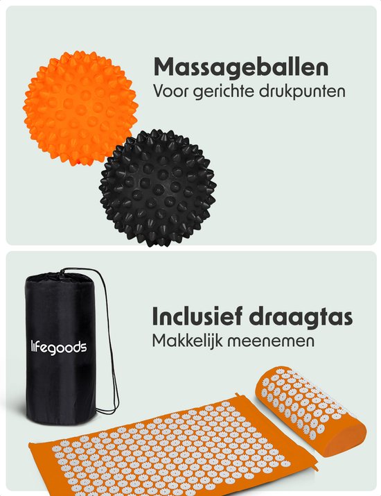 LifeGoods Acupressuur Mat met Kussen - Shakti mat - Spijkermat Incl. 2x Triggerpoint Bal - 66x40x2cm - Oranje/Wit