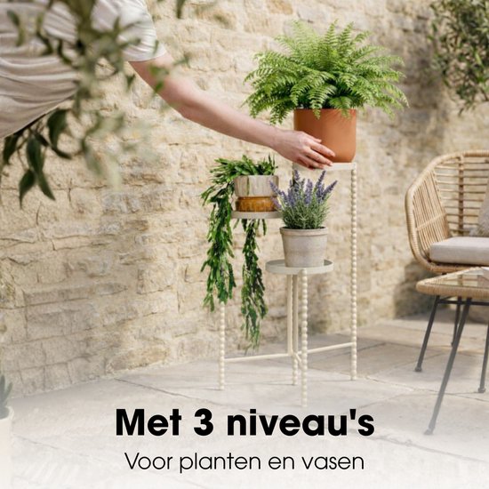 Mica Decorations Salvo Plantenrek - Plantenstandaard voor Kamerplanten - Plantentafeltje voor Binnen - Plantenonderzetter met Drie Plateaus - 40 x 40 x 70 cm - IJzer - Offwhite