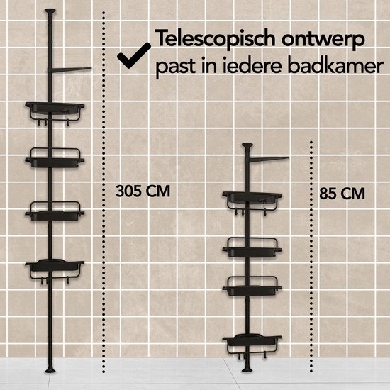 Brixy Doucherek - Telescopisch - 85-305 cm - Zonder Boren - Vloer Tot Plafond - 4 Plankjes - 3 Haken - Zwart
