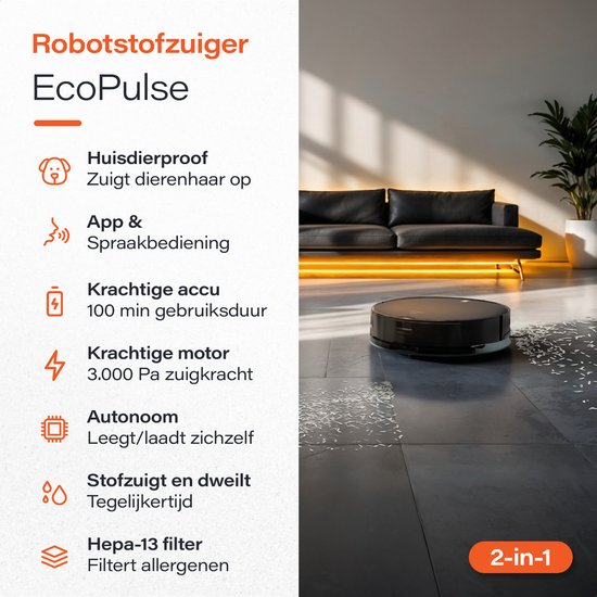 Skoov Ecopulse - Robotstofzuiger met Dweilfunctie en laad station - Met APP en afstandsbediening - Huisdieren - Automatische - Dweilrobot - Geschikt voor Hondenharen