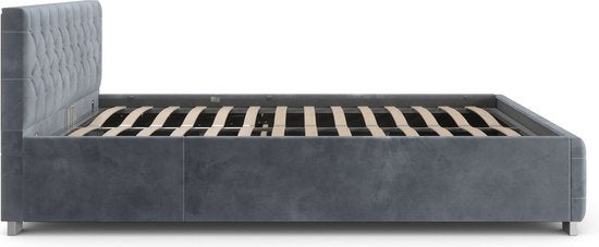 Gestoffeerd Bed Nizza - 120 x 200 cm - Grijs - LED Verlichting & Bedlade