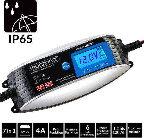 Monzana Acculader - Volautomatisch 6V 12V LCD Scherm 25x13x5cm - Zilver