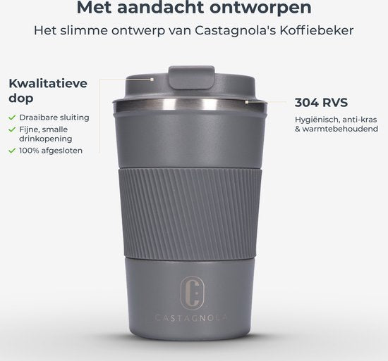 Castagnola Thermosbeker - Koffiebeker To Go - Travel Mug voor Koffie en Thee - Theebeker - 380 ML - RVS - Grijs