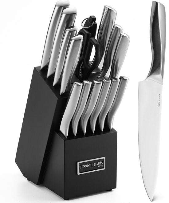 Erikssøn Kitchen Messenset - Messenblok - 16 Delig - Met Blok, Messenslijper En Schaar - Krasbestendig - 3Cr13 RVS - Zilver