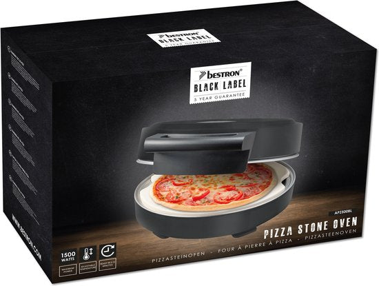 Bestron Turbo Pizzaoven voor pizza's in 5-10 minuten, elektrische pizzaoven met echte maximumtemperatuur van 320°C, inclusief pizzasteen en 2 grote houten spatels, Black Label, kleur: Matzwart