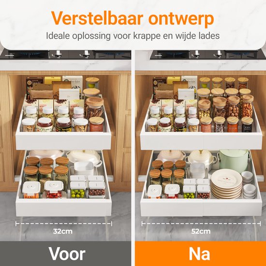 Posity Schuiflade – Keukenkast Organizer – Gootsteenkast/Lade Organizer - binnenlade keuken – Uittrekbaar en Verstelbaar (32-52 cm) – Telescopisch – Wit