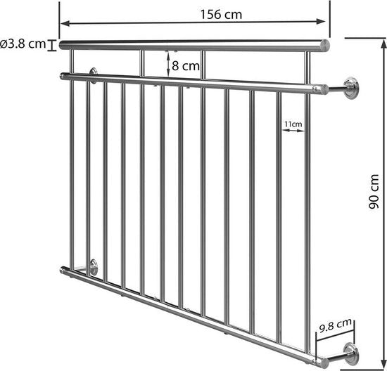 Monzana Franse Balkonreling – Staal 90x156cm 7 Spijlen - Zilver