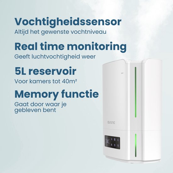 Auronic Luchtbevochtiger - 5 Liter - Geschikt voor Woonkamer, Kantoor, Slaapkamer, Babykamer en Meer - BPA-Vrij - Wit