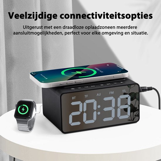 Digitale Wekker - met Radio, Bluetooth en Draadloze Oplader - Wekkerradio - Snooze Functie - Zwart - van Faas