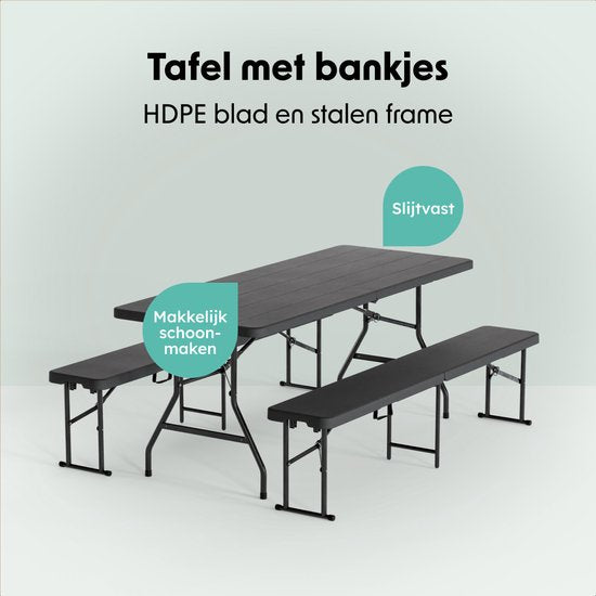 LifeGoods Inklapbare Picknickset – Voorzien Van Zwarte Houtnerf Look En Kofferontwerp En 2 Banken – Voor Tuin En Camping – Zwart HDPE En Staal – 180 x 74 cm