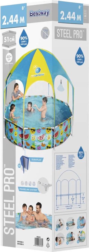 Bestway Steel Pro Kinderzwembad – UV Zonnescherm & Verkoelende Watersproeier – 244x51 cm