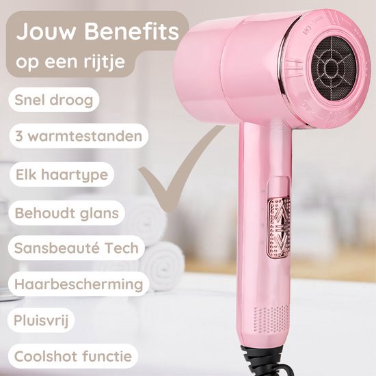Sansbeauté® Föhn met Diffuser – Ionische Haardroger – Borstel - Reisföhn - 3 Opzetstukken - Krullen – Coolshot – 3 Standen – Haarföhn met Diffuser – Hair Dryer - 2000W - Pink