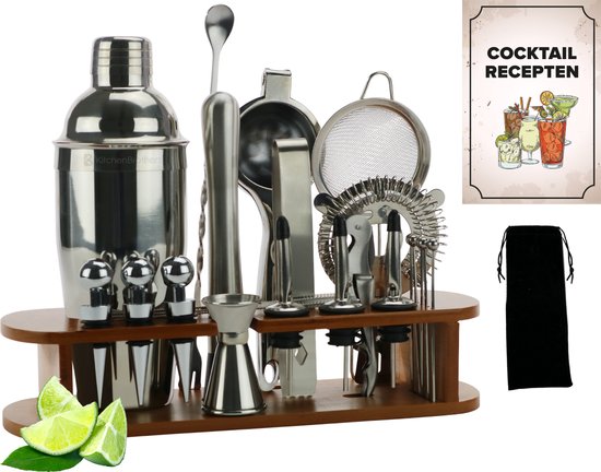 KitchenBrothers Cocktail Set - 25 delig - Luxe set - Cocktail Shaker (750ml) - Donkerbruin/Bamboe - Cadeauverpakking