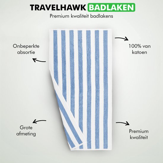 Travelhawk Strandlaken - Badlaken - Strandlakens - Handdoek - 152cm x 76cm - Reishanddoek - Cabana Streep - 100% Katoen - Blauw