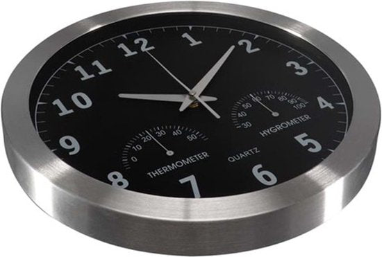 Perel Wandklok, rond, analoog, 35,5 cm, radiogestuurde tijdsaanduiding (DCF), met thermometer en hygrometer, aluminium, zilver