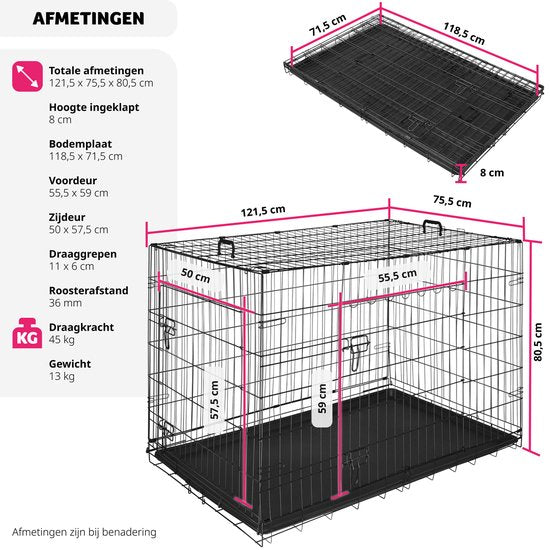 tectake® Hondenkooi - Hondenhekbox - Hondenkennel - Opvouwbare hondenbox - Stabiele transportbox voor honden en puppy’s - Voor kofferbak, auto, camping en thuis - 121,5 x 75,5 x 80,5 cm