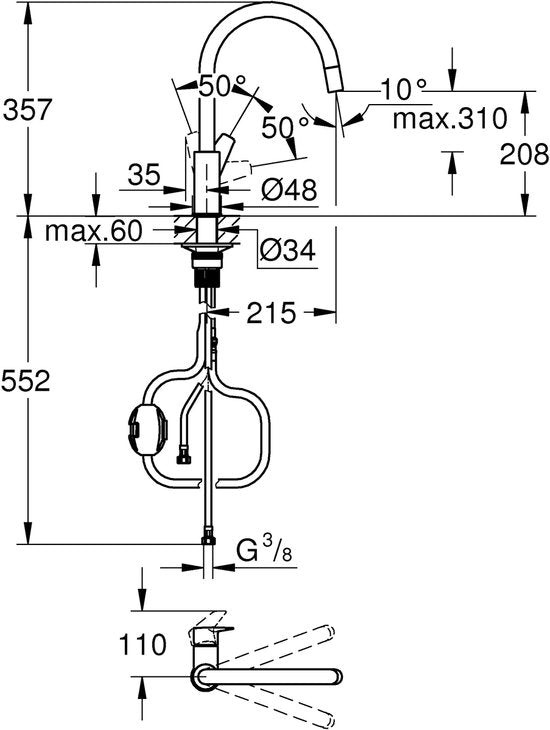 GROHE Start Edge eengreeps keukenmengkraan met uittrekbare uitloop - Hoge C-uitloop - 360° Draaibereik - Mat Zwart - Eenvoudig te monteren met de QuickMount