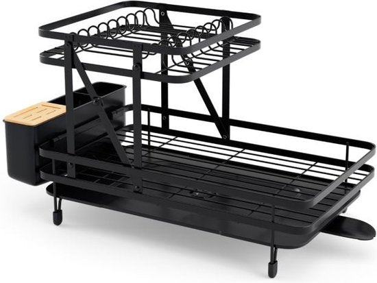 Opvouwbaar Afdruiprek en Droogrek Set 2 Tier Metalen Afdruiprek Afdruiprek voor Aanrecht Zwart
