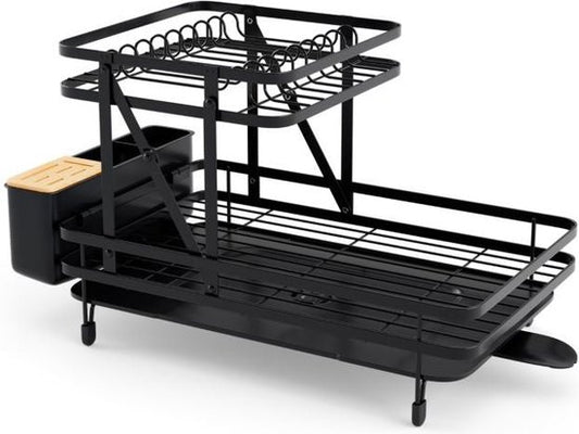 Opvouwbaar Afdruiprek en Droogrek Set 2 Tier Metalen Afdruiprek Afdruiprek voor Aanrecht Zwart