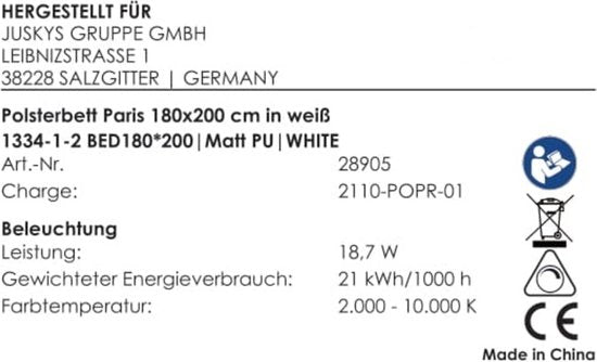 Gestoffeerd Bed Paris - 180 x 200 cm - Wit - LED Verlichting