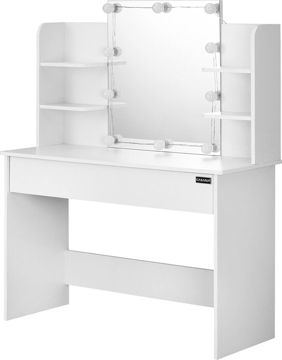 Casaria Make up tafel Lucia - Lade Spiegel LED 4 Planken 140x110 - Wit