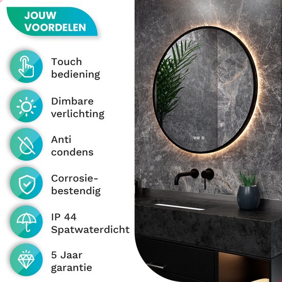 Mirlux Badkamerspiegel met LED Verlichting & Verwarming – Wandspiegel Rond – Anti Condens Douchespiegel - Mat Zwart - 100CM